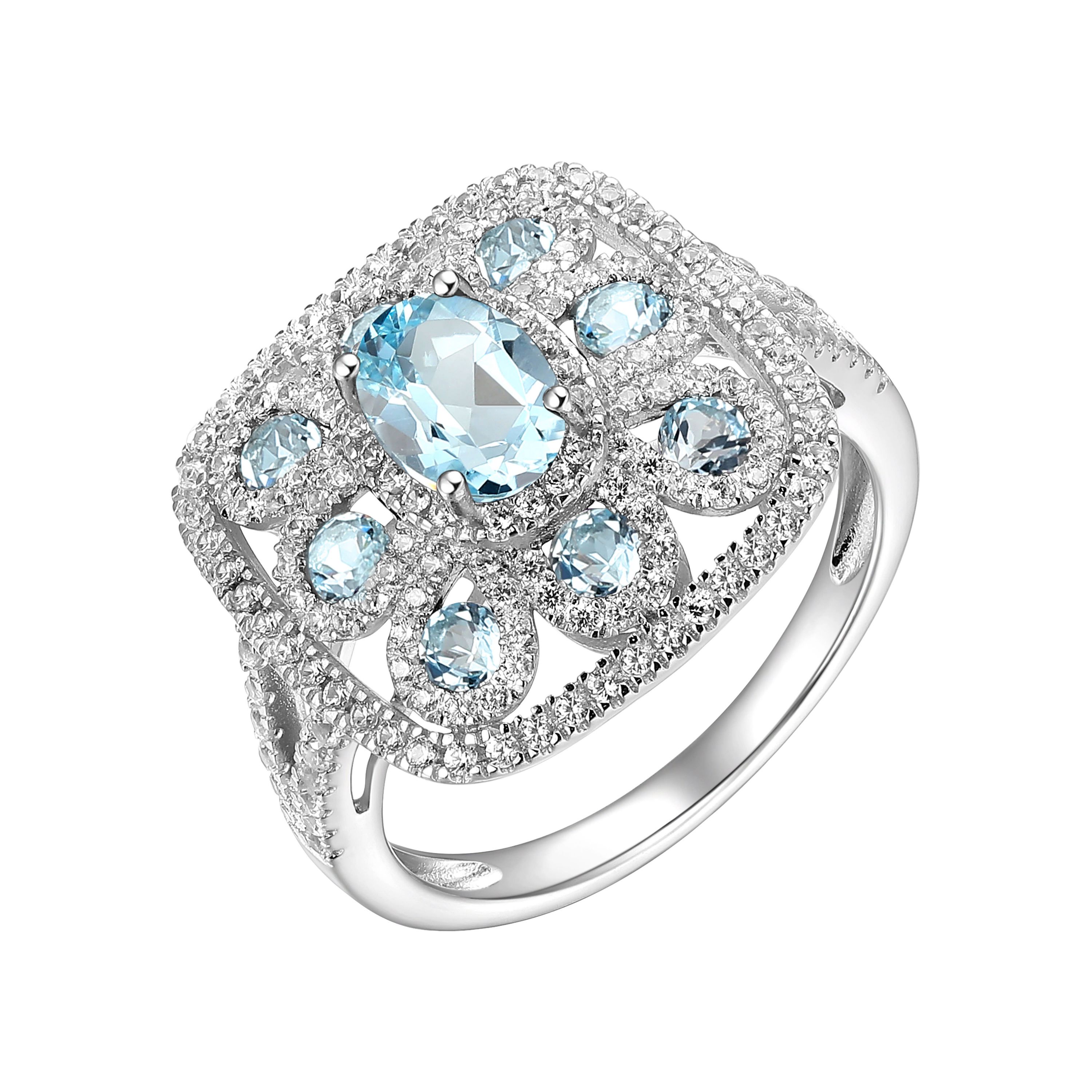 Rhodium Plated Sterling Silver Womens Genuine Sky Blue Topaz or Genuine Amethyst with White Zircon Ring