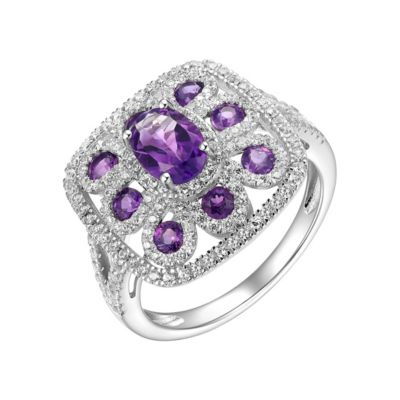 Aurealis Rhodium Plated Sterling Silver Women's Genuine Sky Blue Topaz or Genuine Amethyst with White Zircon Ring, 6