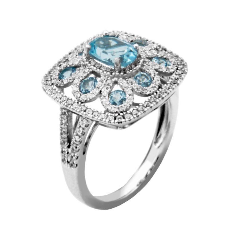 Rhodium Plated Sterling Silver Womens Genuine Sky Blue Topaz or Genuine Amethyst with White Zircon Ring
