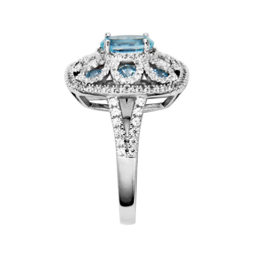 Rhodium Plated Sterling Silver Womens Genuine Sky Blue Topaz or Genuine Amethyst with White Zircon Ring