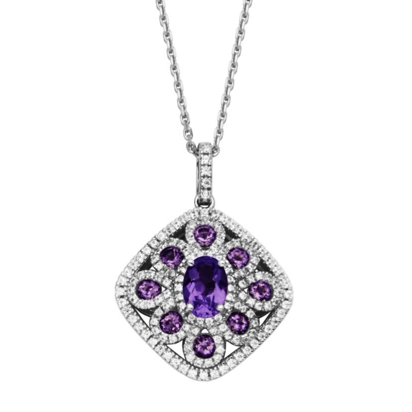 Genuine Blue Topaz or Amethyst Rhodium Plated Sterling Silver Necklace