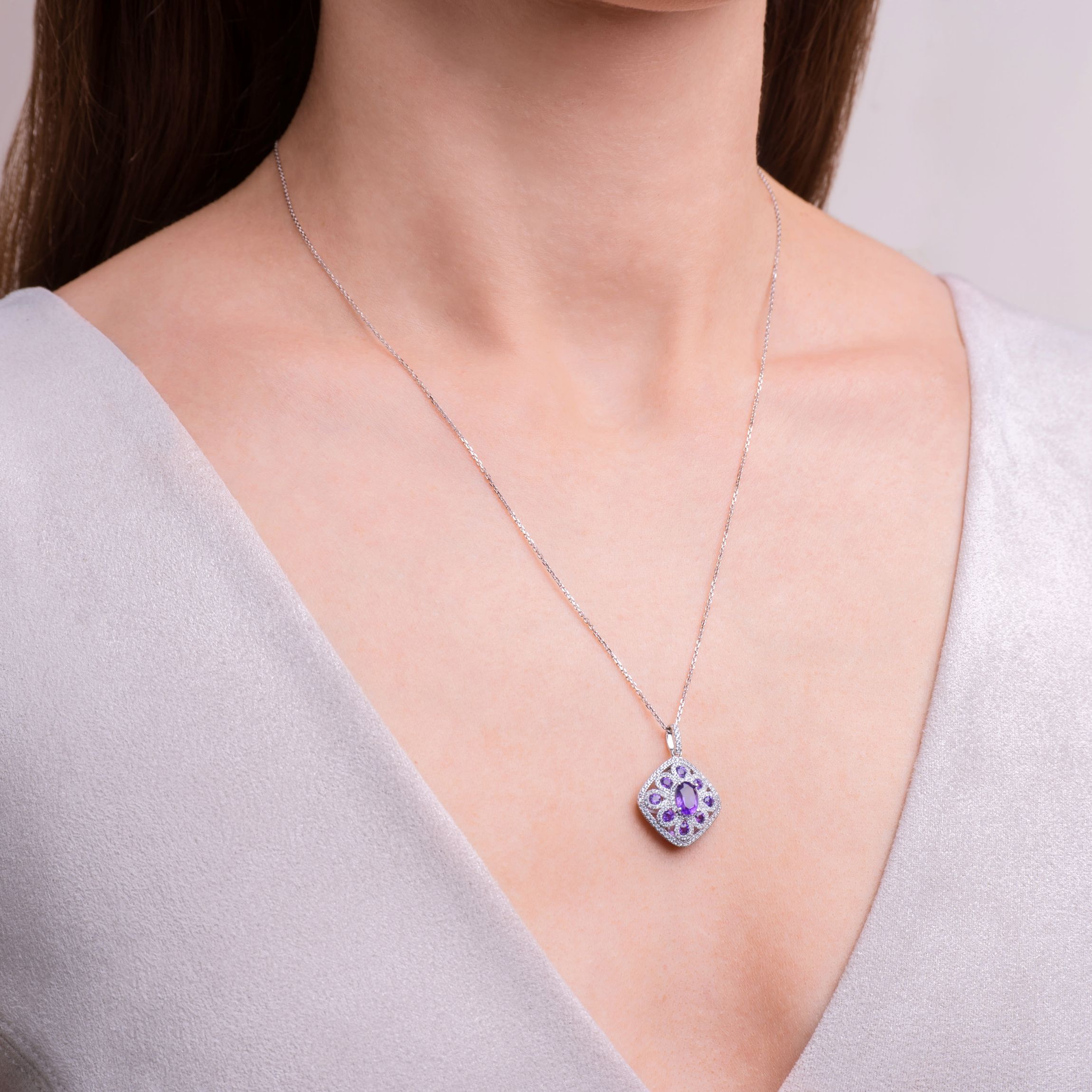 Genuine Blue Topaz or Amethyst Rhodium Plated Sterling Silver Necklace