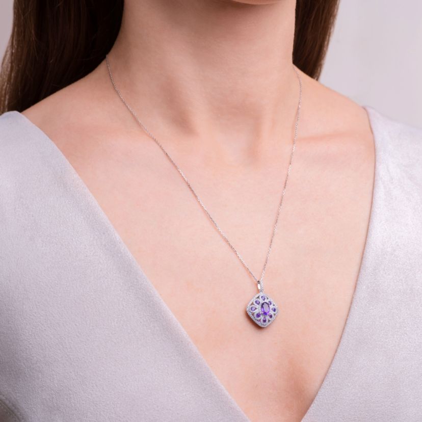 Genuine Blue Topaz or Amethyst Rhodium Plated Sterling Silver Necklace