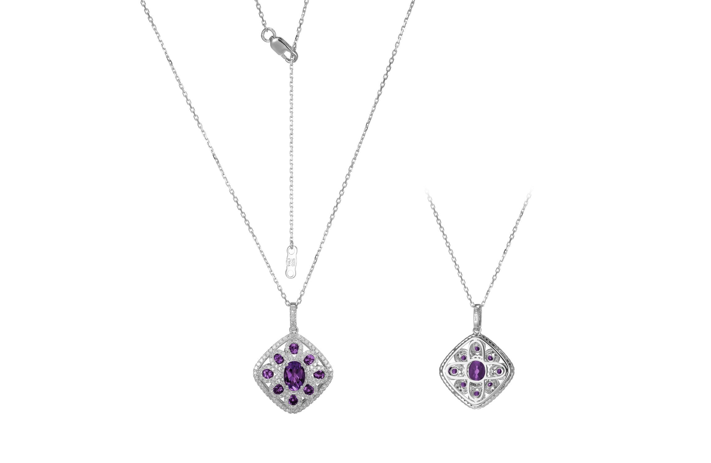 Genuine Blue Topaz or Amethyst Rhodium Plated Sterling Silver Necklace