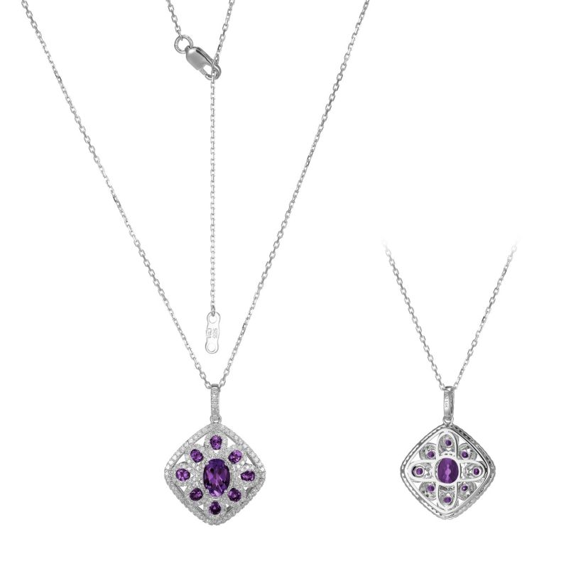 Genuine Blue Topaz or Amethyst Rhodium Plated Sterling Silver Necklace