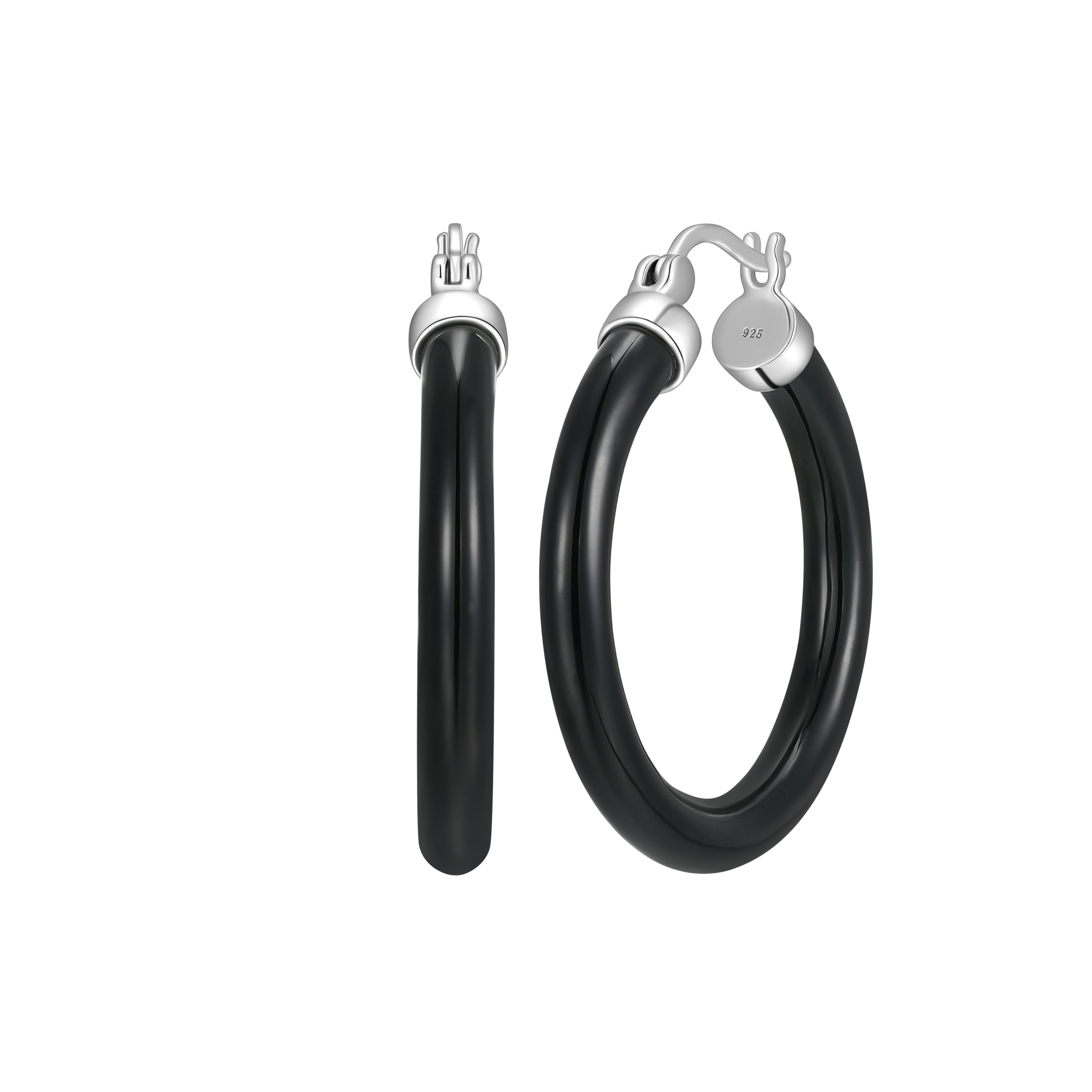 Genuine Jade or Onyx Hoop Earrings in Sterling Silver