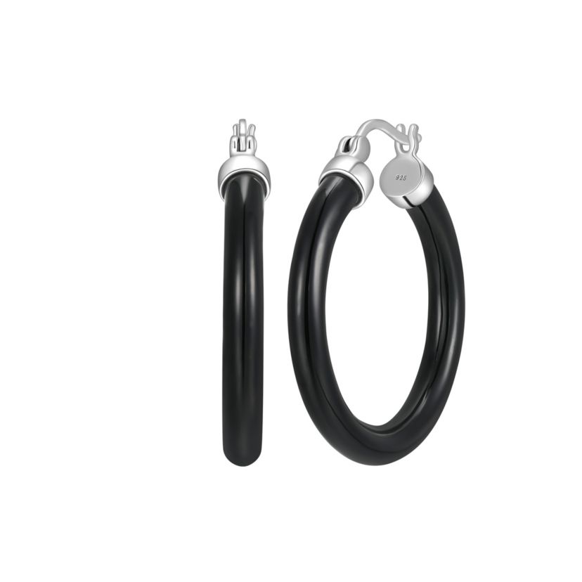 Genuine Jade or Onyx Hoop Earrings in Sterling Silver