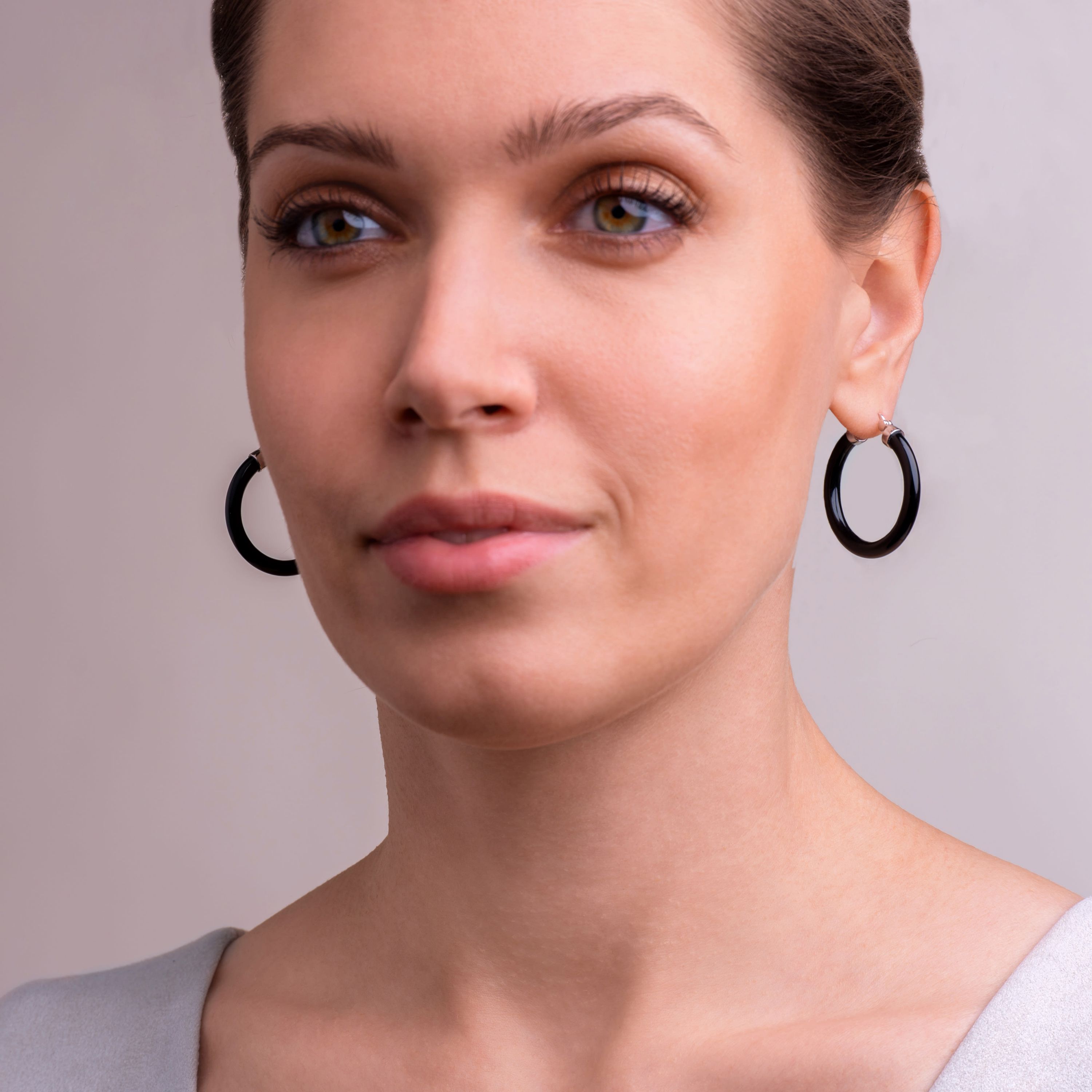 Genuine Jade or Onyx Hoop Earrings in Sterling Silver