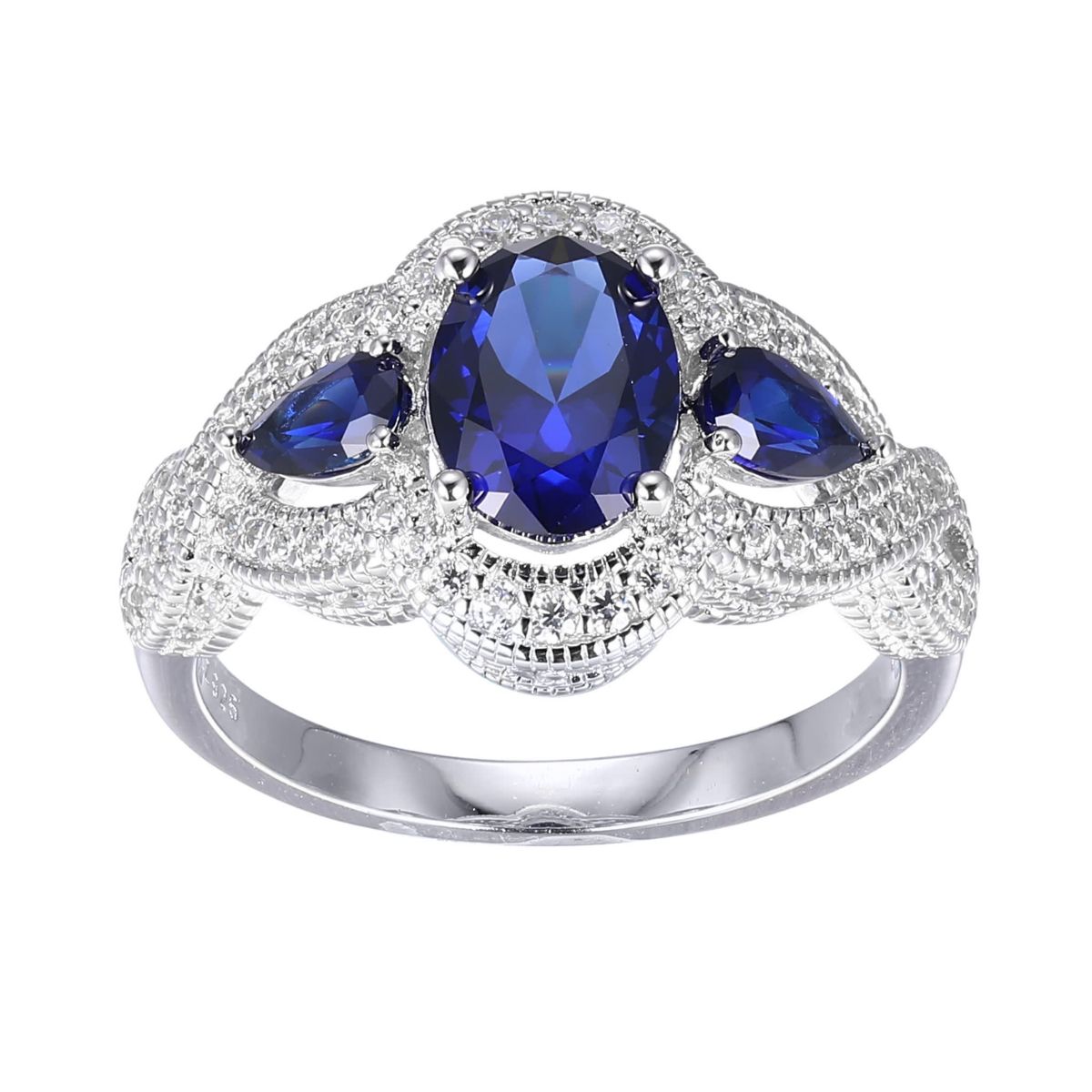 Lab Created Created Blue Sapphire and Cubic Zirconia Ring in Rhodium-plated Sterling Silver
