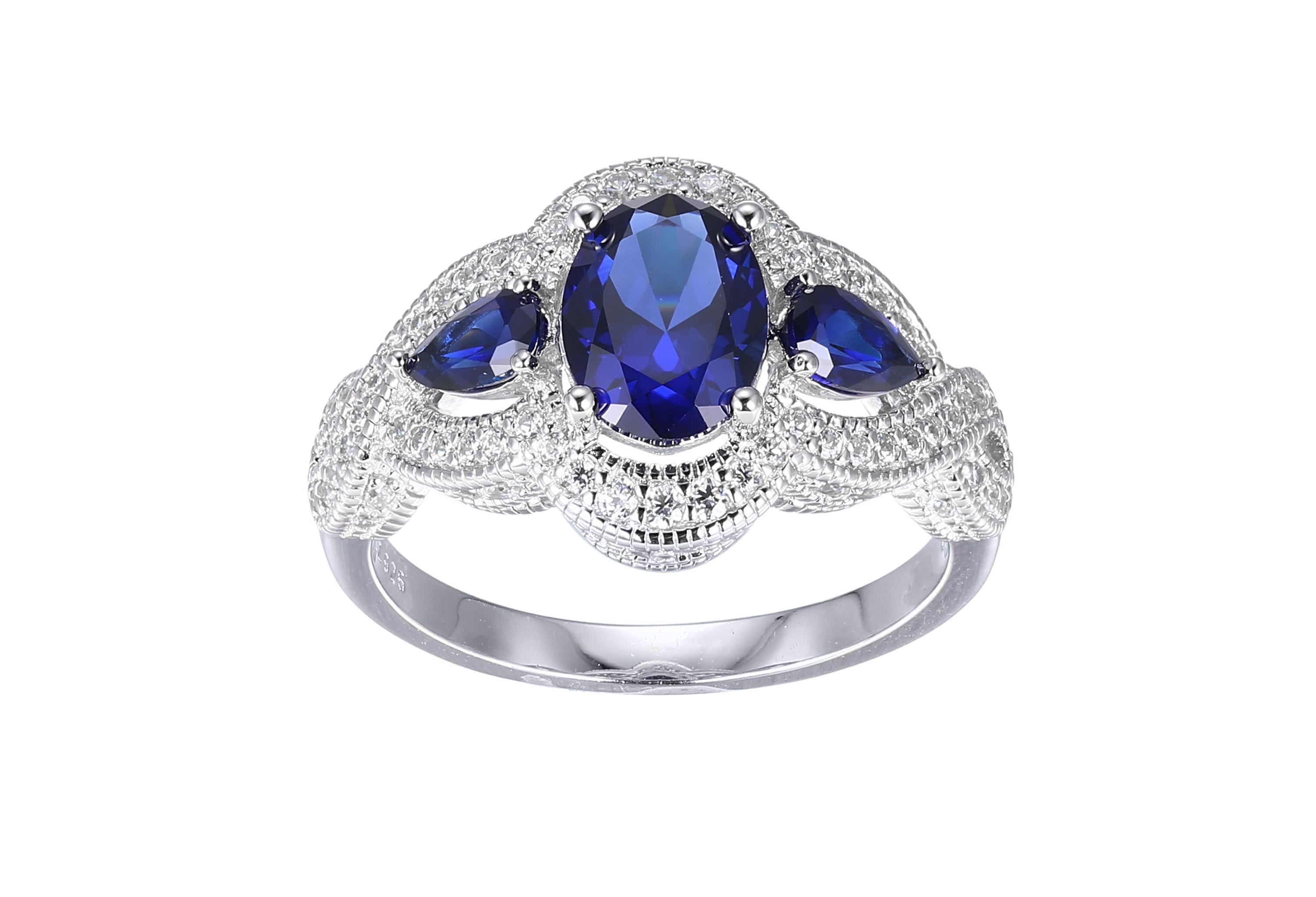 Lab Created Created Blue Sapphire and Cubic Zirconia Ring in Rhodium-plated Sterling Silver