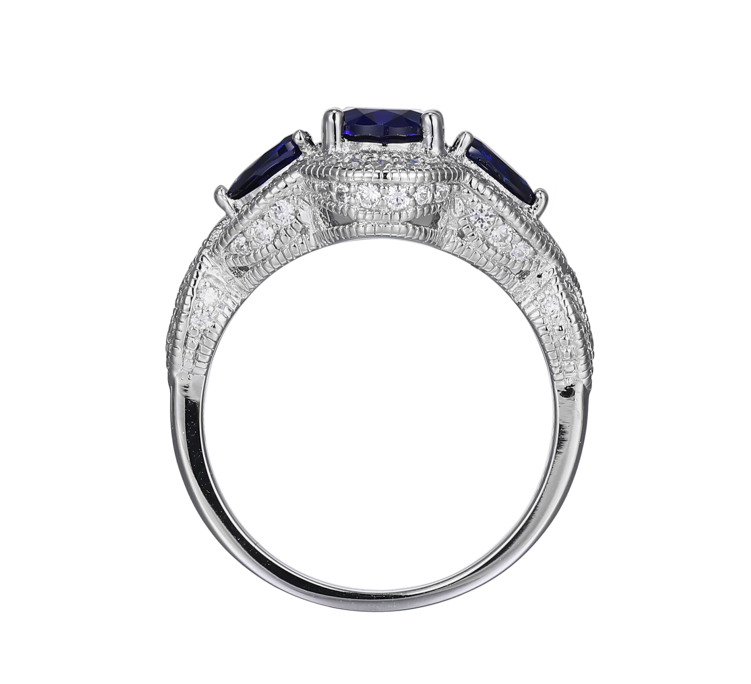 Lab Created Created Blue Sapphire and Cubic Zirconia Ring in Rhodium-plated Sterling Silver