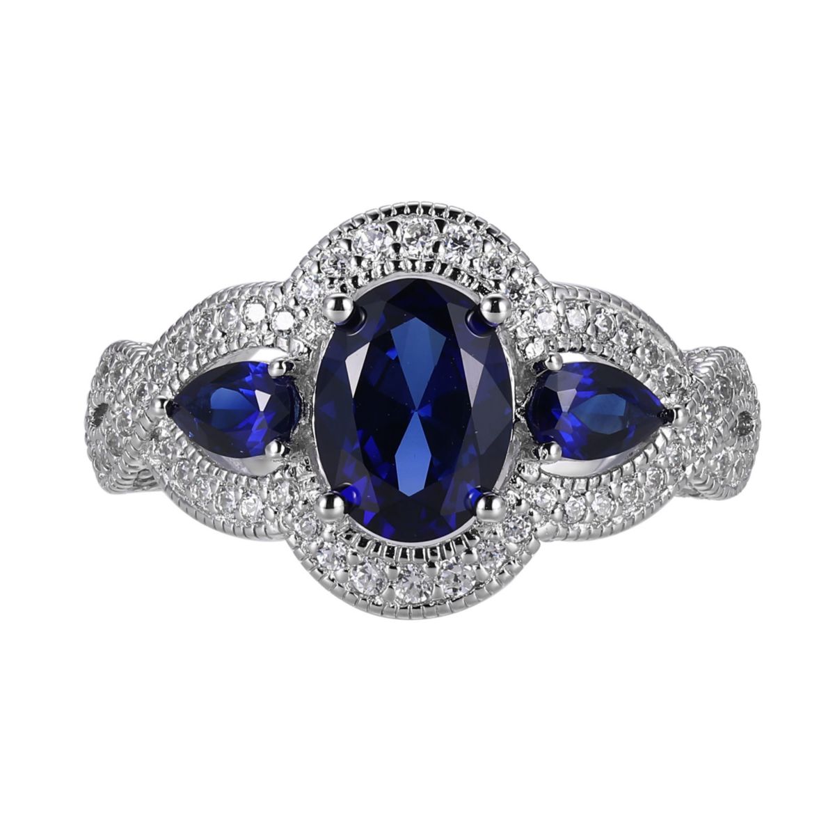 Lab Created Created Blue Sapphire and Cubic Zirconia Ring in Rhodium-plated Sterling Silver