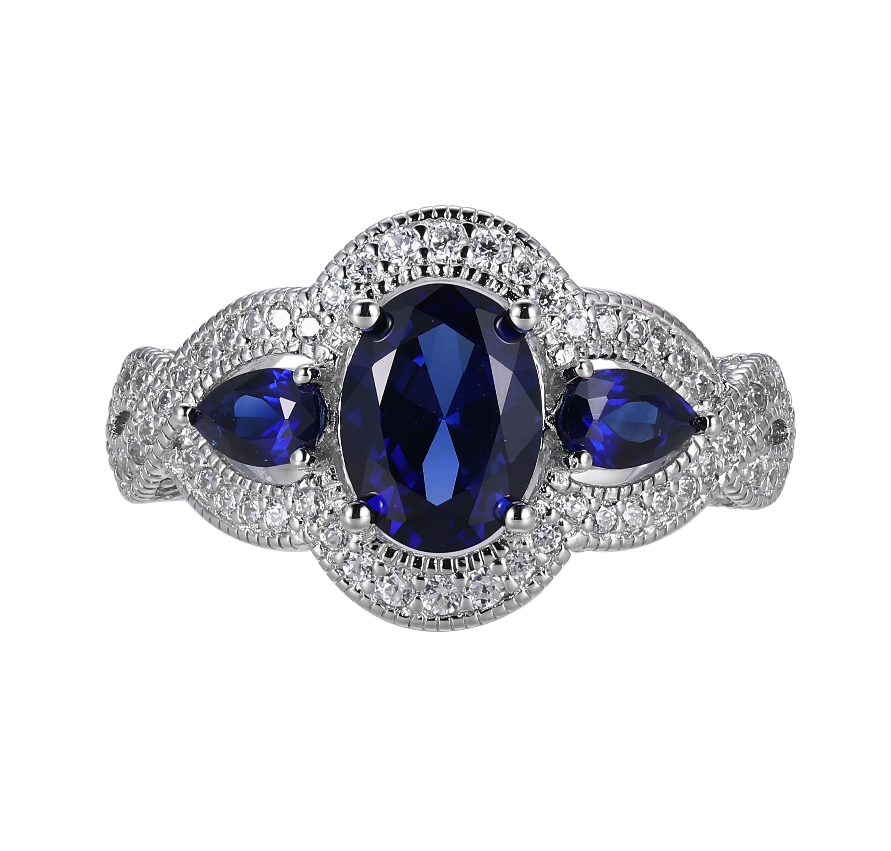 Lab Created Created Blue Sapphire and Cubic Zirconia Ring in Rhodium-plated Sterling Silver