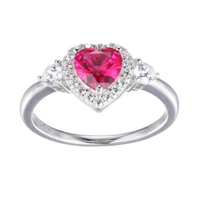 Lab Created Ruby and Cubic Zirconia Heart Ring Rhodium-plated Sterling Silver