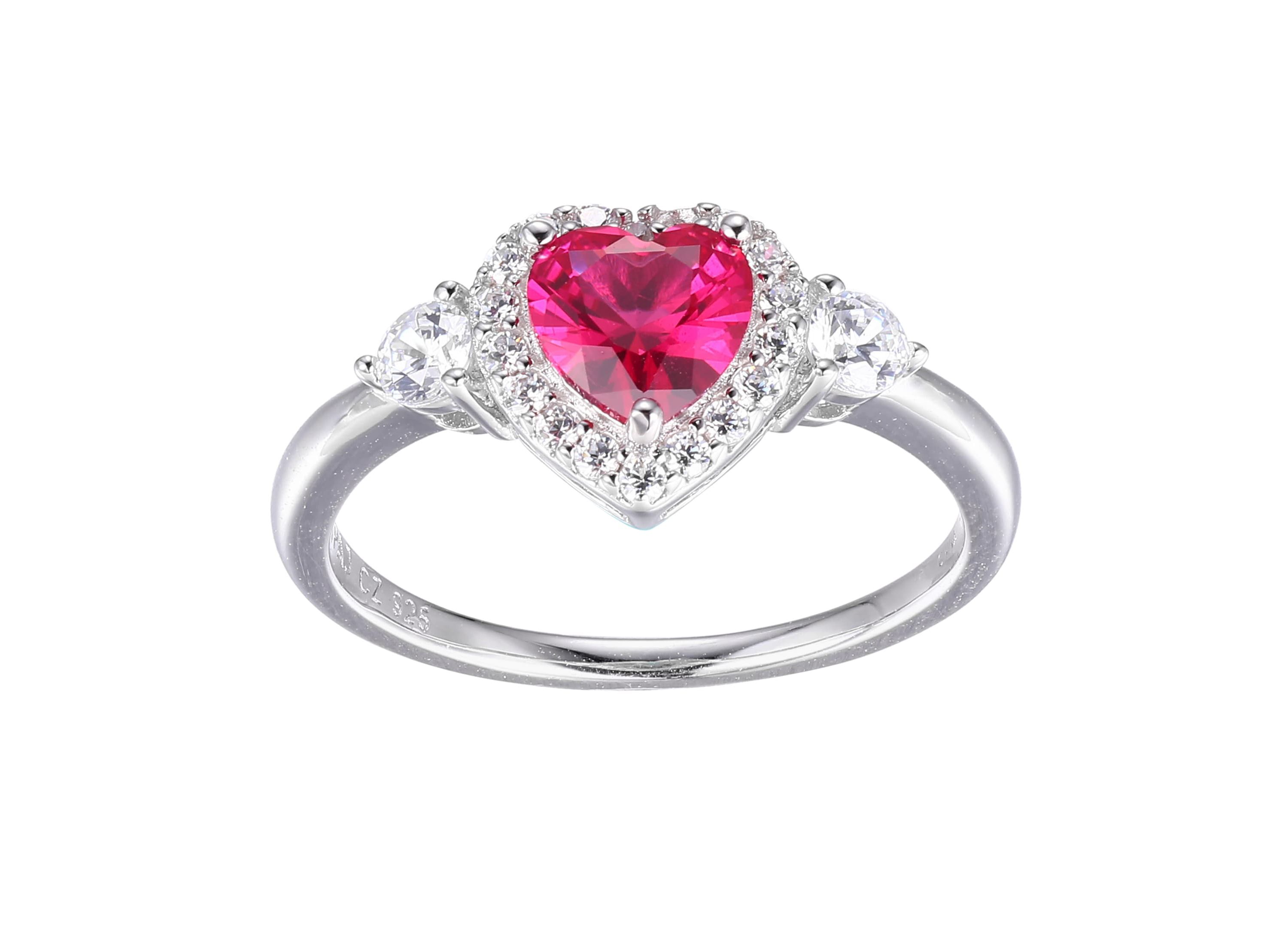 Lab Created Created Ruby and Cubic Zirconia Heart Ring in Rhodium-plated Sterling Silver