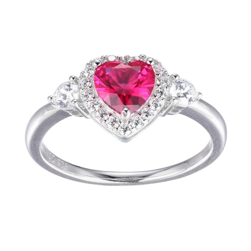 Lab Created Created Ruby and Cubic Zirconia Heart Ring in Rhodium-plated Sterling Silver