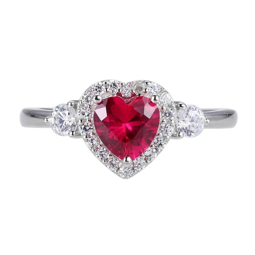 Lab Created Created Ruby and Cubic Zirconia Heart Ring in Rhodium-plated Sterling Silver
