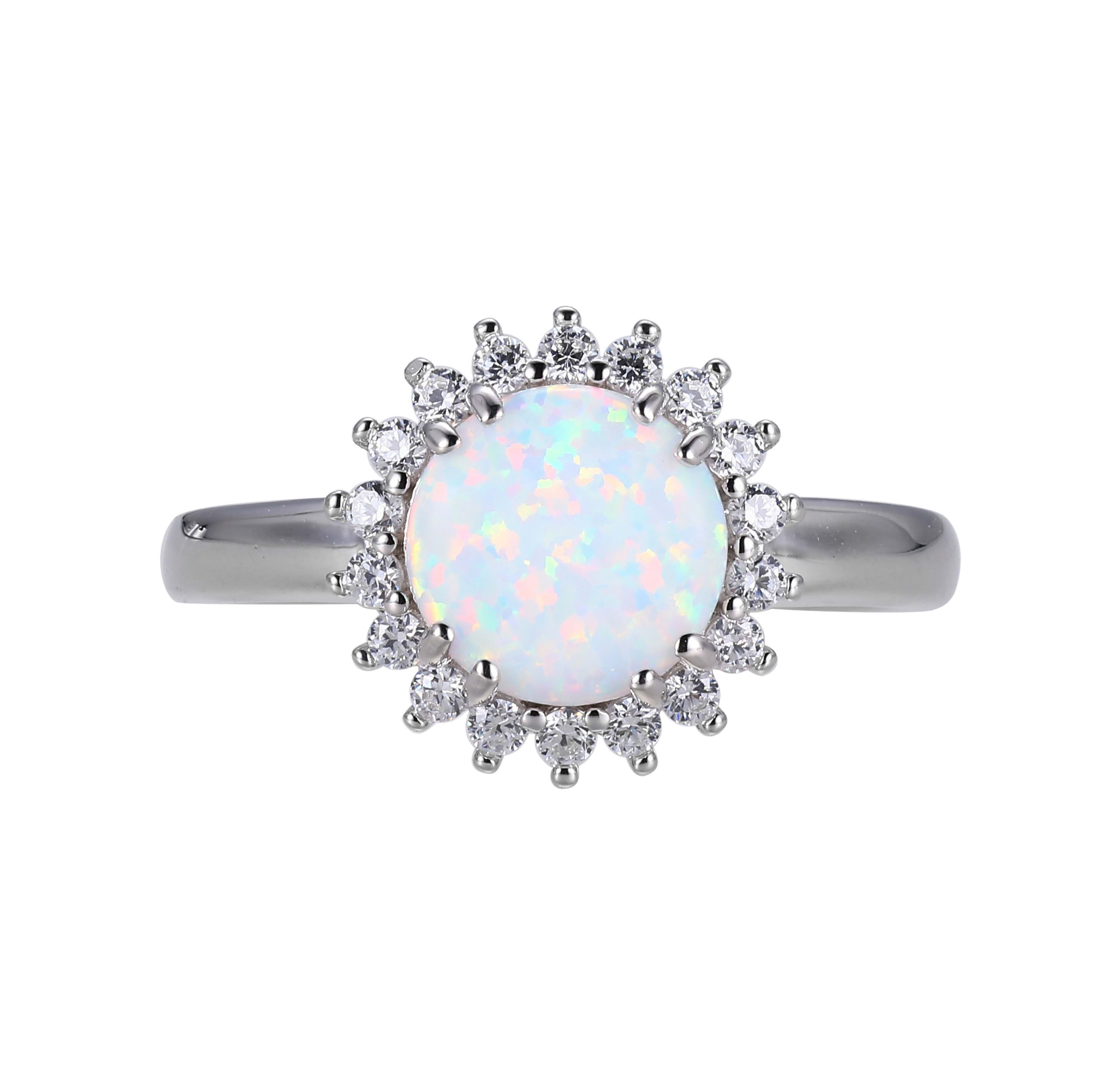 Lab Created Round Created Opal Halo Ring in Rhodium-plated Sterling Silver