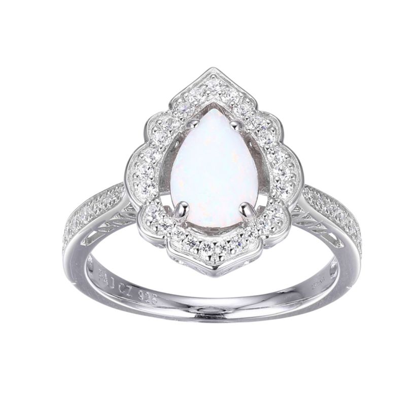 Lab Created Created Opal Halo Ring in Rhodium-plated Sterling Silver