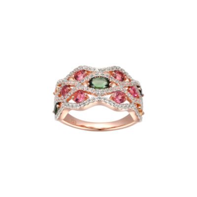 Aurealis Green and Pink Tourmaline, Citrine and White Topaz Ring in 14K Rose Gold-plated Sterling Silver, 6