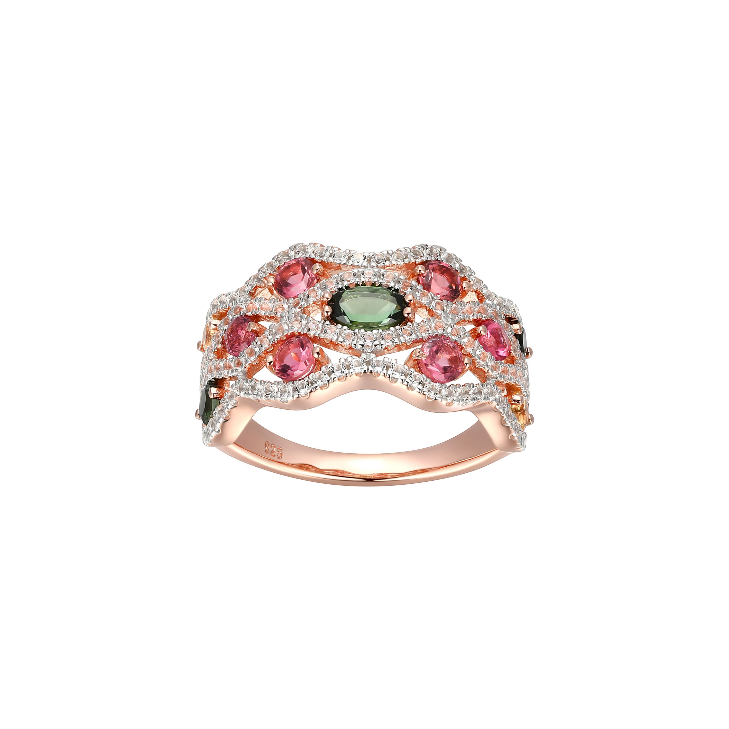 Green and Pink Tourmaline, Citrine and White Topaz Ring in 14K Rose Gold-plated Sterling Silver