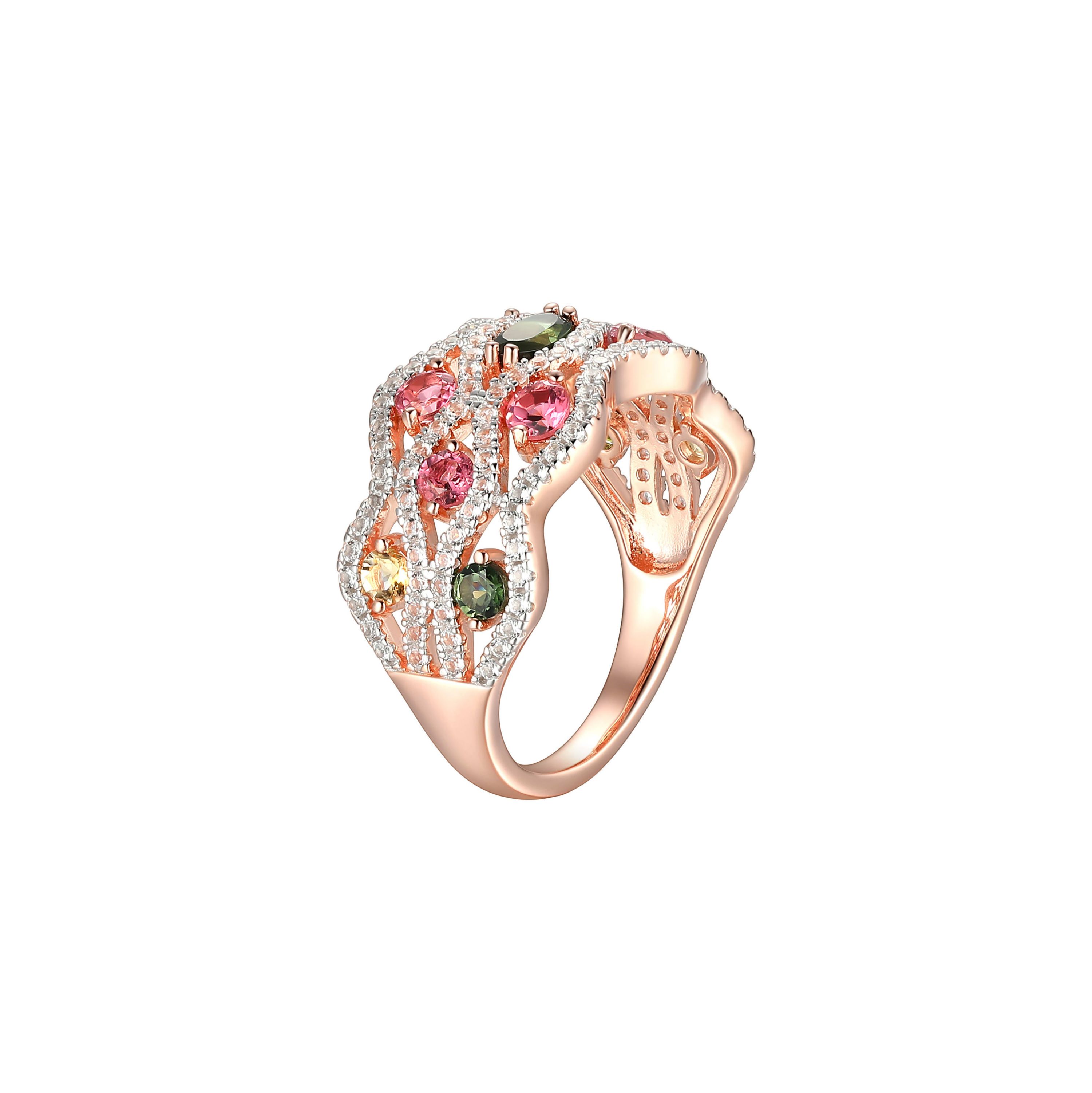 Green and Pink Tourmaline, Citrine and White Topaz Ring in 14K Rose Gold-plated Sterling Silver