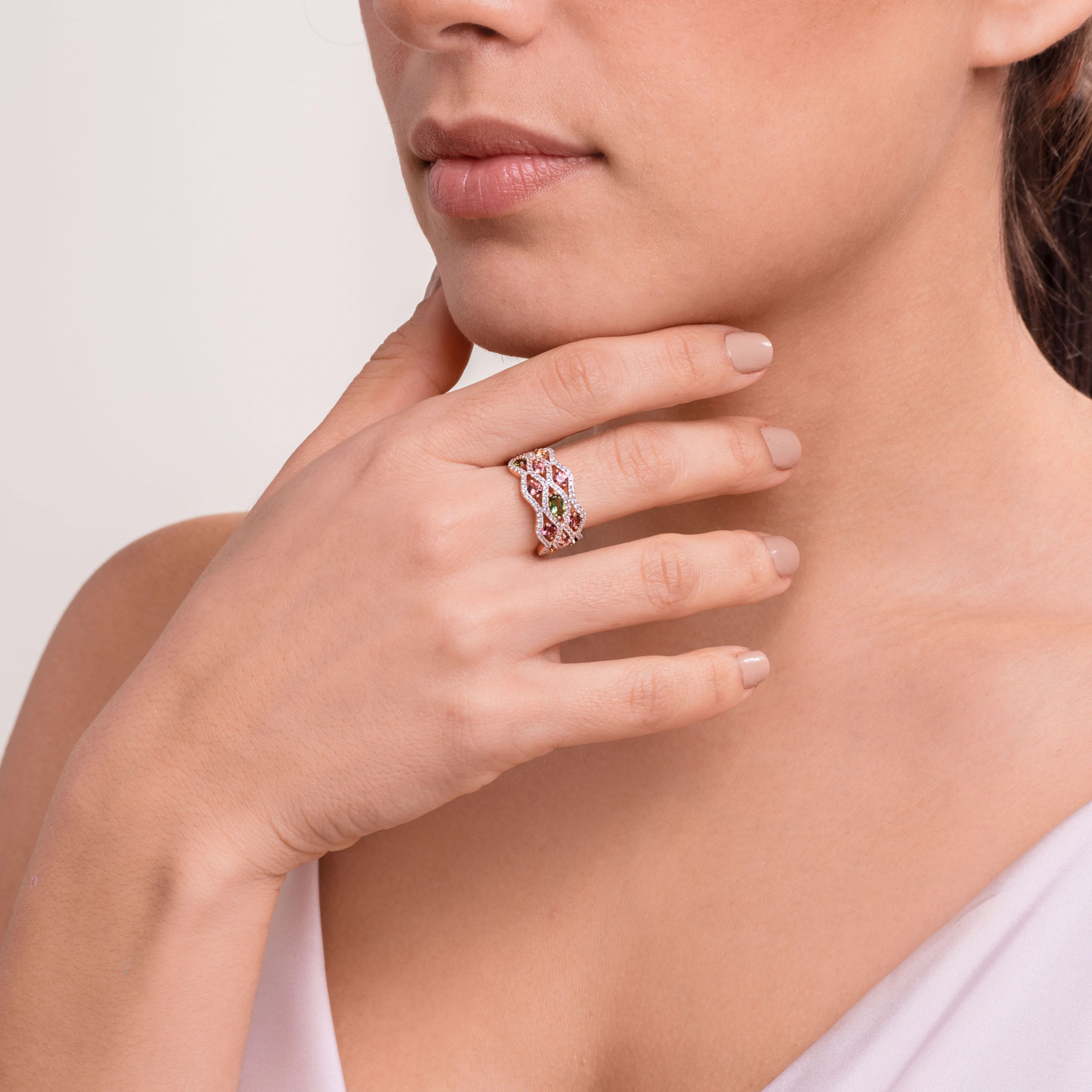 Green and Pink Tourmaline, Citrine and White Topaz Ring in 14K Rose Gold-plated Sterling Silver