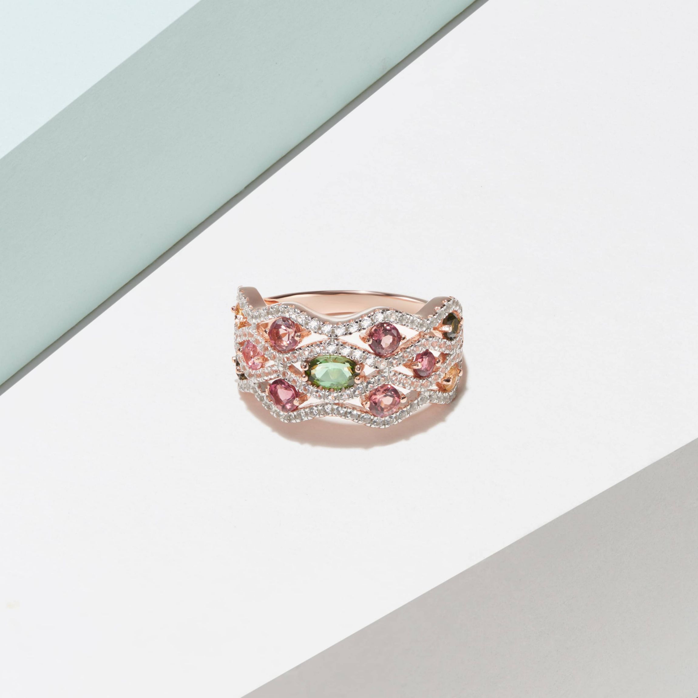 Green and Pink Tourmaline, Citrine and White Topaz Ring in 14K Rose Gold-plated Sterling Silver