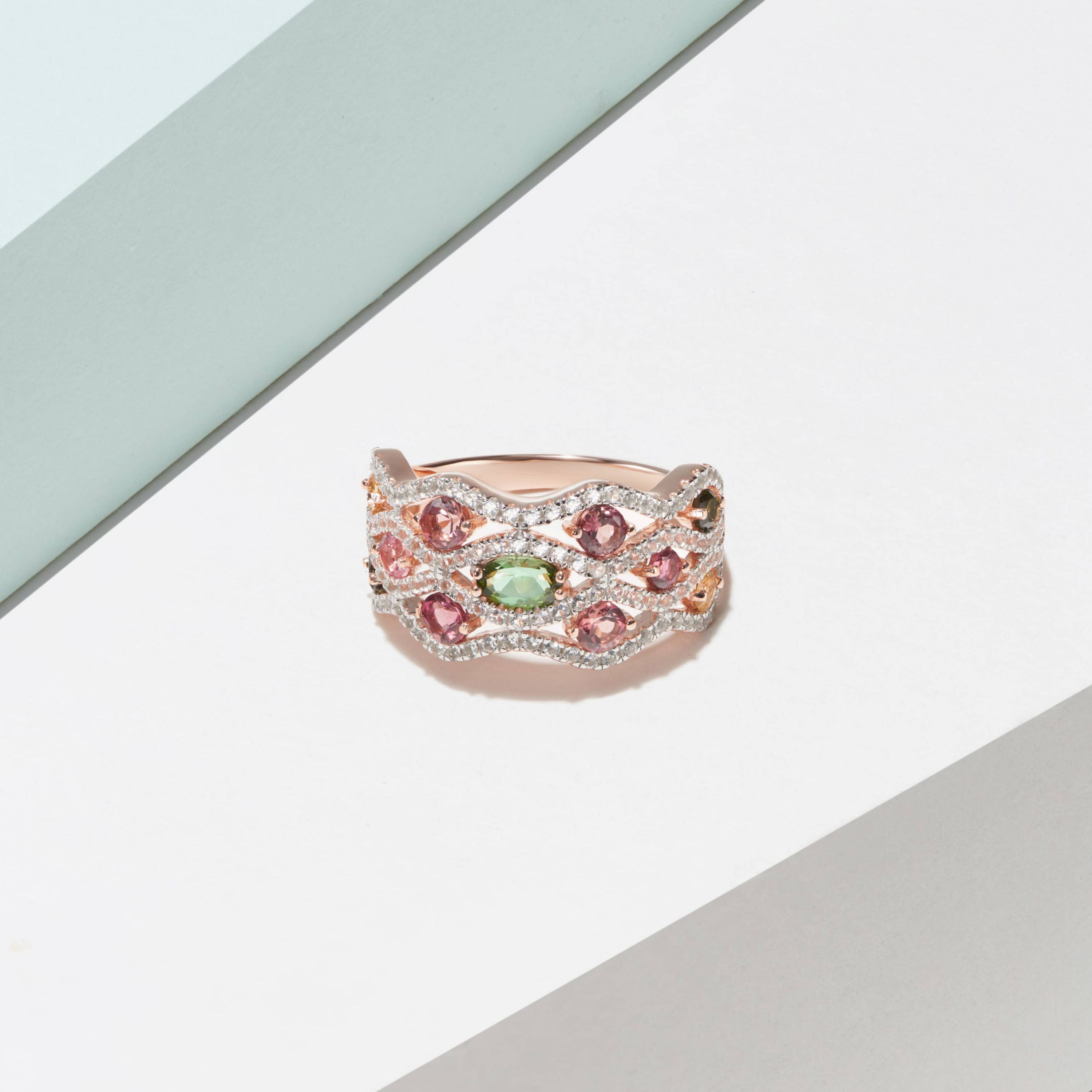 Green and Pink Tourmaline, Citrine and White Topaz Ring in 14K Rose Gold-plated Sterling Silver
