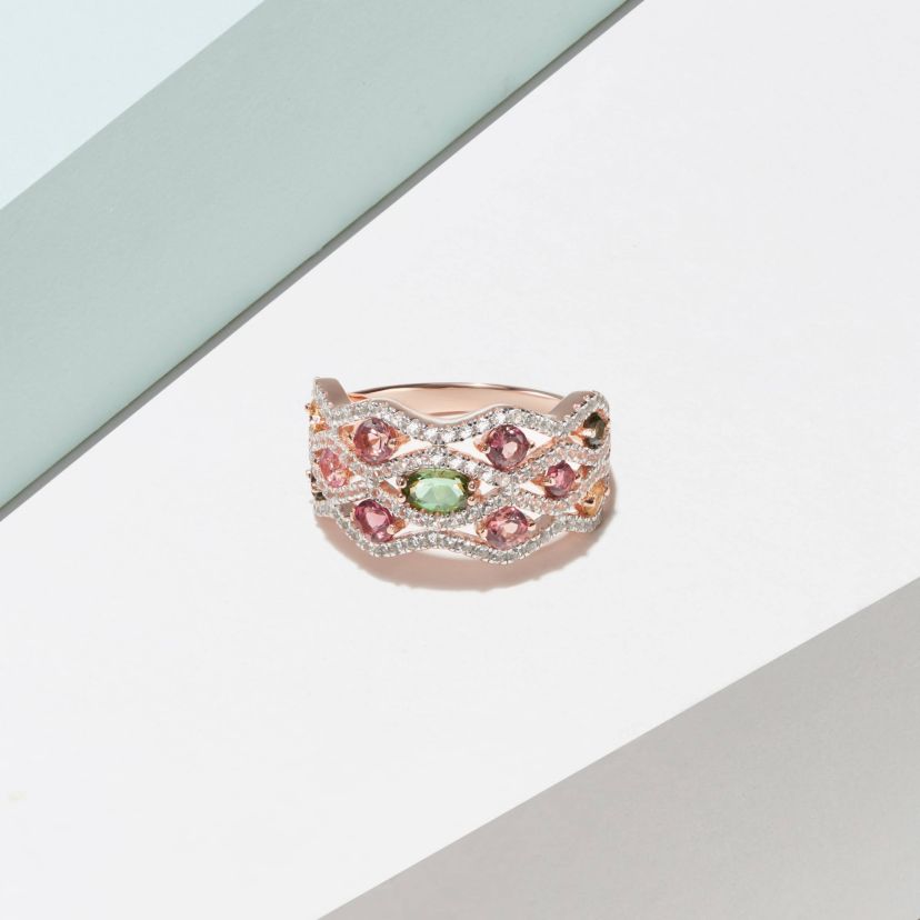 Green and Pink Tourmaline, Citrine and White Topaz Ring in 14K Rose Gold-plated Sterling Silver