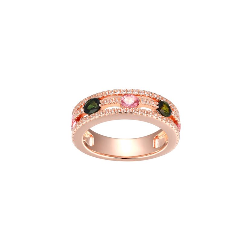 Green and Pink Tourmaline and White Topaz Ring in 14K Rose Gold-plated Sterling Silver
