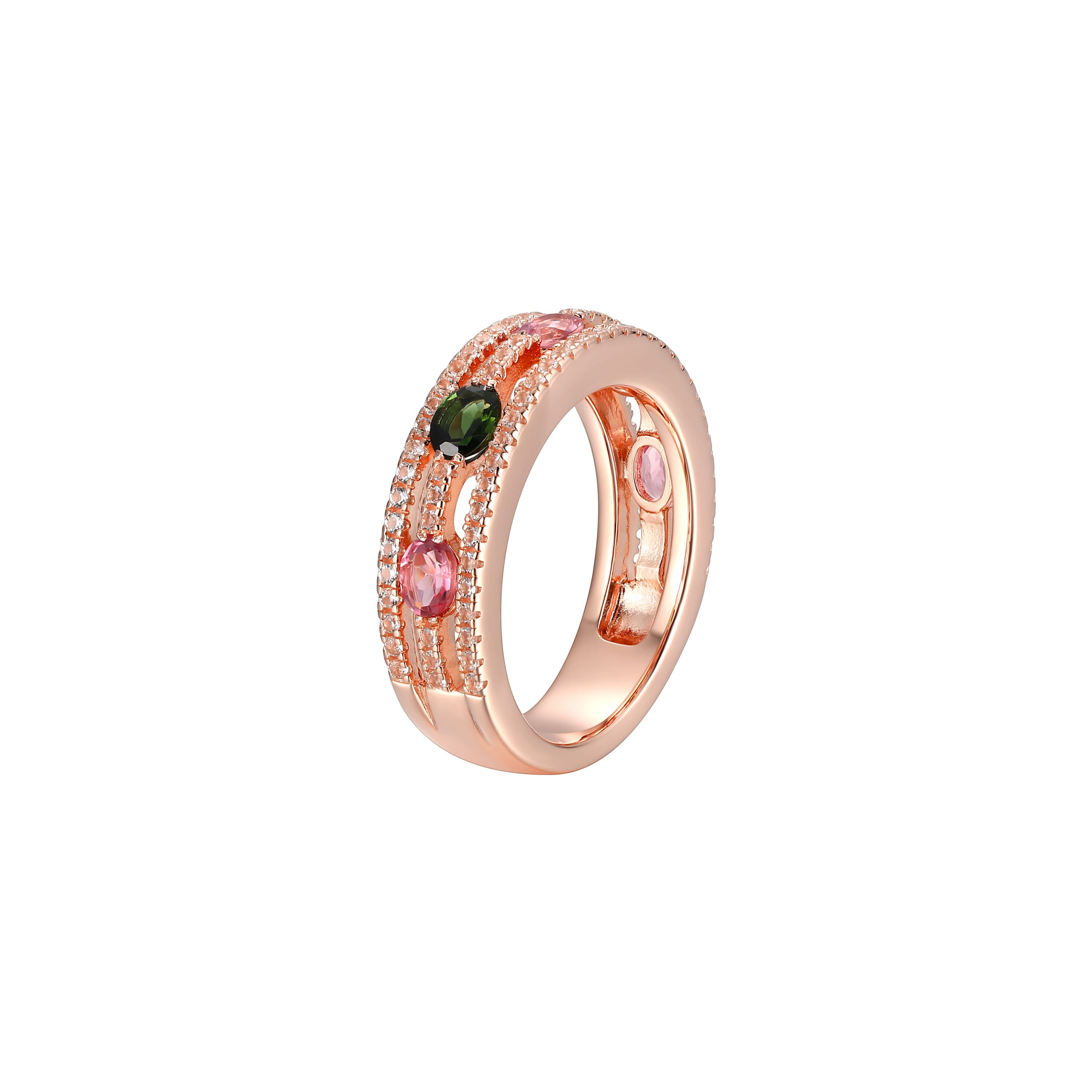 Green and Pink Tourmaline and White Topaz Ring in 14K Rose Gold-plated Sterling Silver
