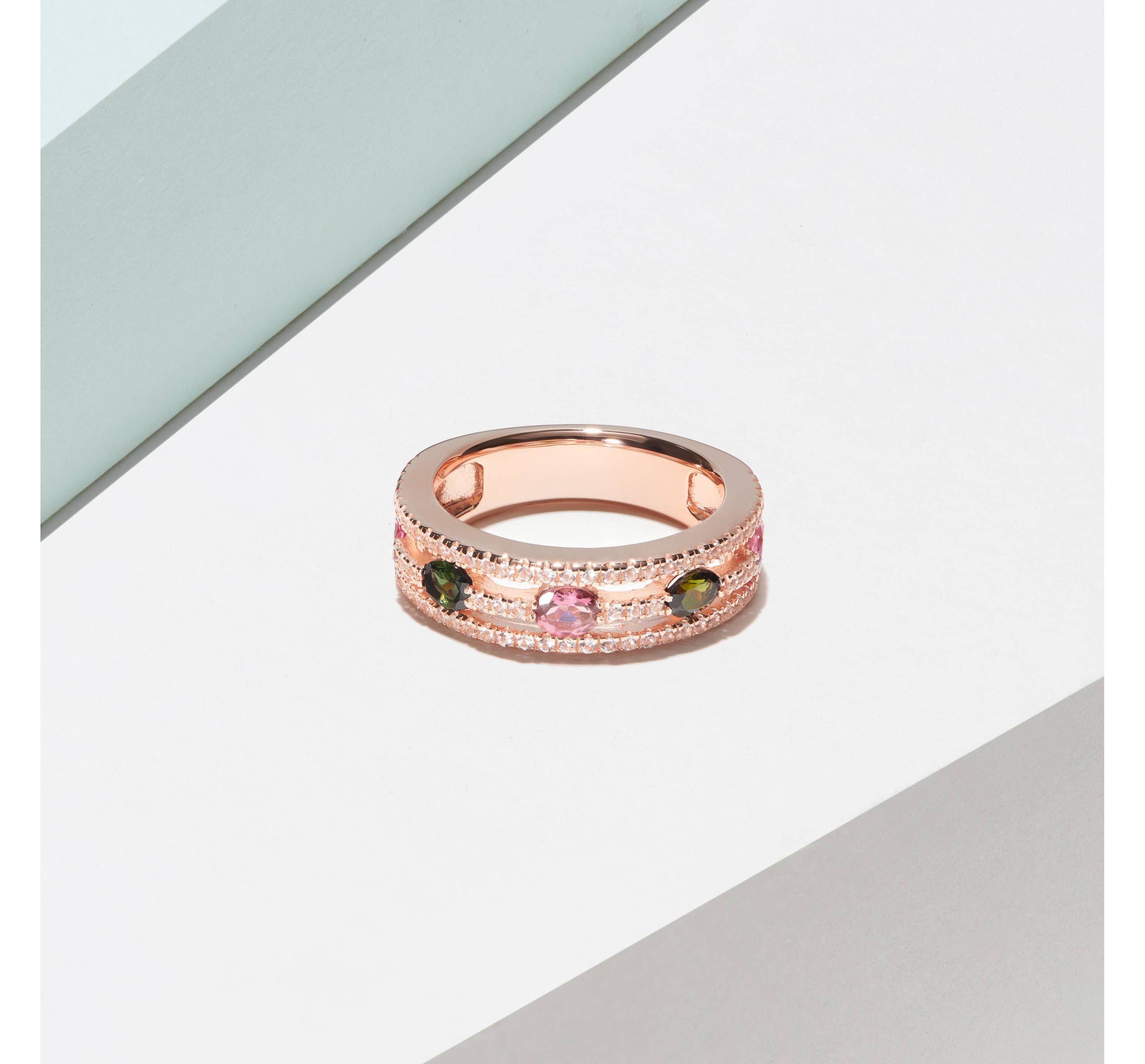Green and Pink Tourmaline and White Topaz Ring in 14K Rose Gold-plated Sterling Silver