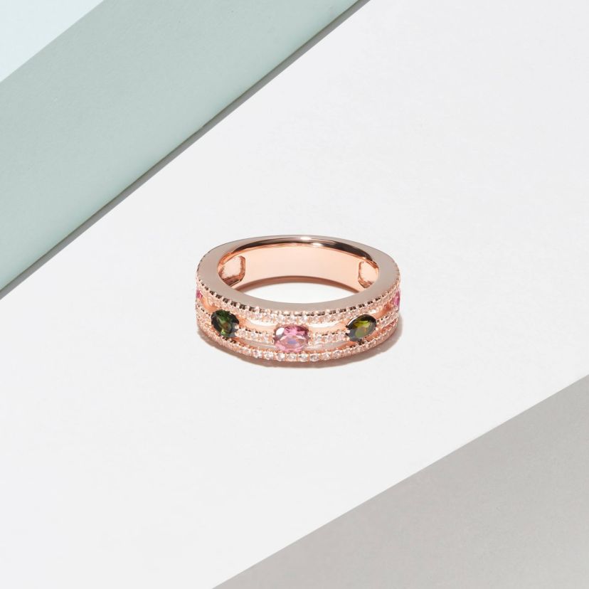 Green and Pink Tourmaline and White Topaz Ring in 14K Rose Gold-plated Sterling Silver