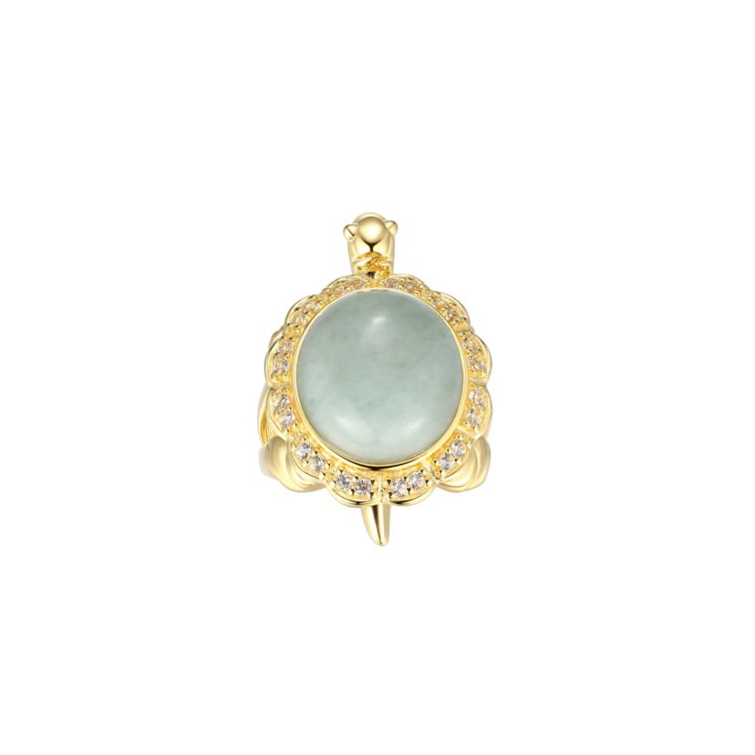 Lab Created Genuine Jade and Created White Sapphire Turtle Ring in 18K Gold-plated Sterling Silver