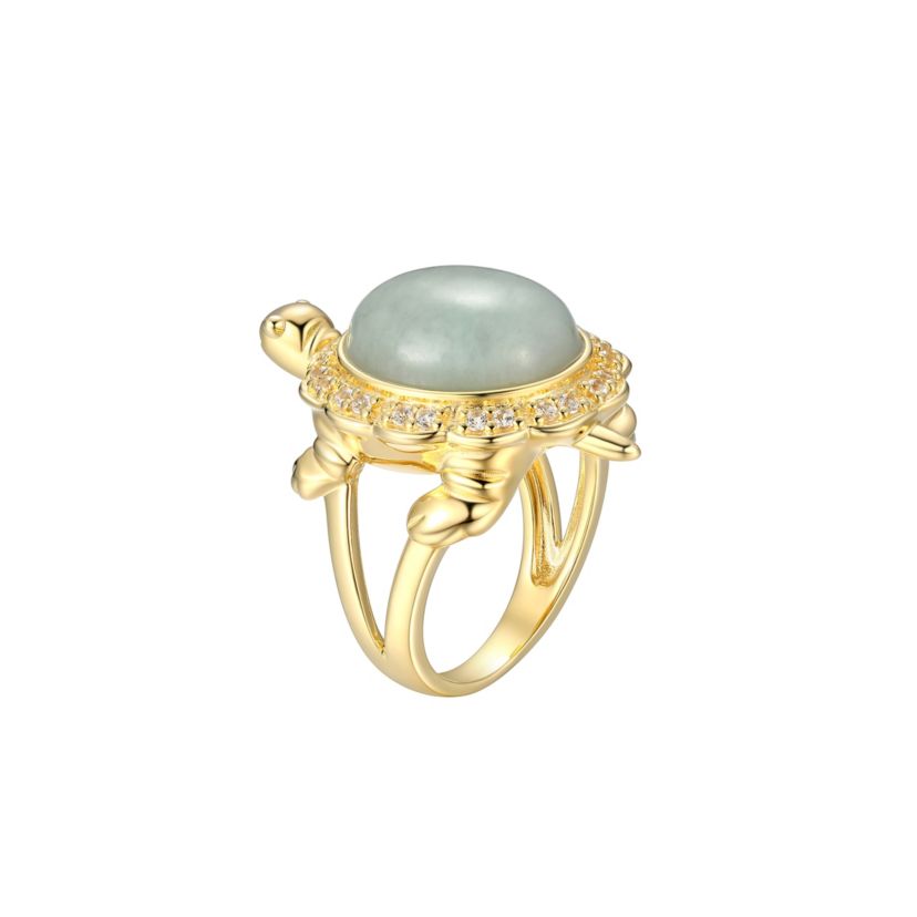 Lab Created Genuine Jade and Created White Sapphire Turtle Ring in 18K Gold-plated Sterling Silver