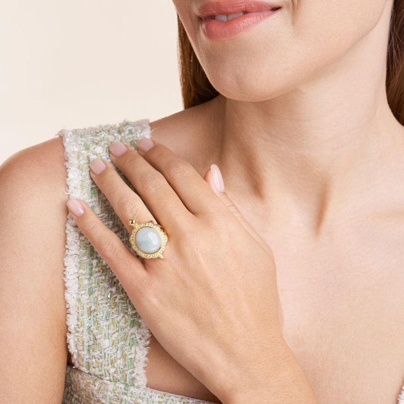 Lab Created Genuine Jade and Created White Sapphire Turtle Ring in 18K Gold-plated Sterling Silver