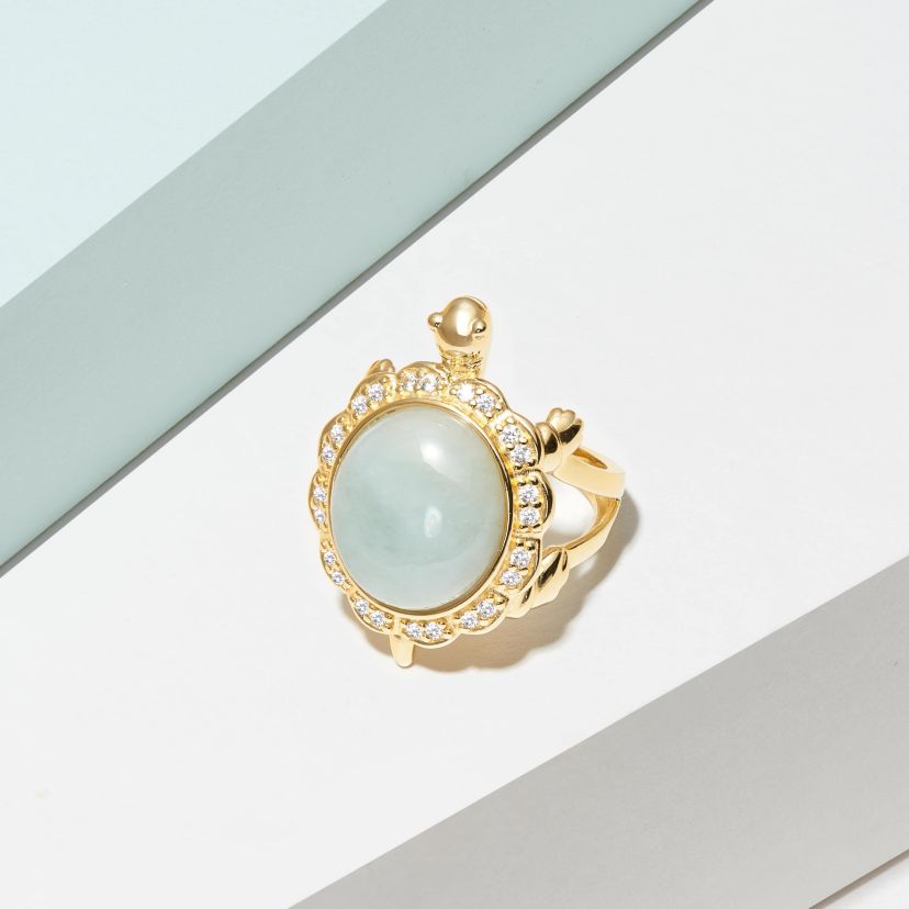 Lab Created Genuine Jade and Created White Sapphire Turtle Ring in 18K Gold-plated Sterling Silver