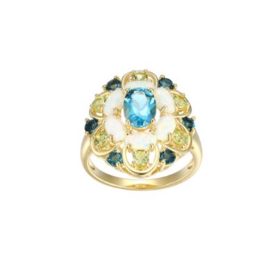 Aurealis Lab Created Genuine London Blue Topaz, Created Opal and Genuine Peridot Ring in 18K Gold-plated Sterling Silver, 6