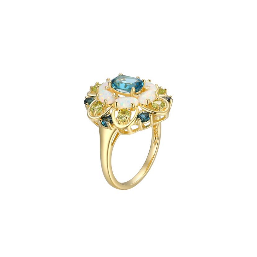 Lab Created Genuine London Blue Topaz, Created Opal and Genuine Peridot Ring in 18K Gold-plated Sterling Silver