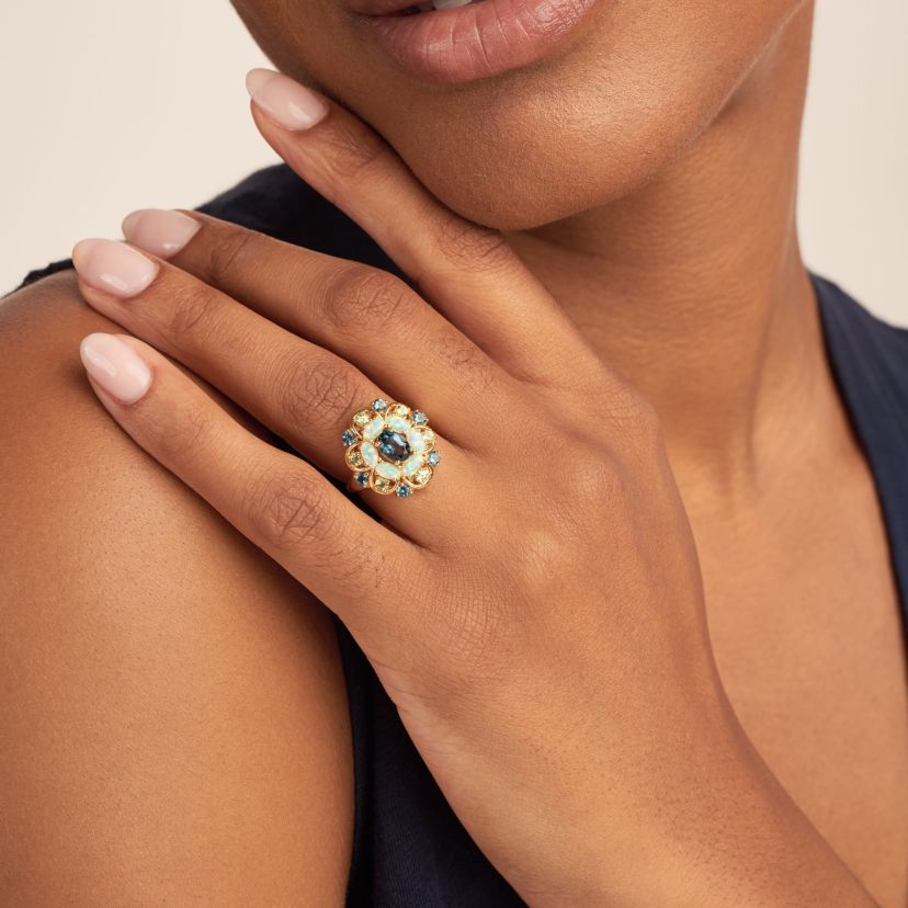 Lab Created Genuine London Blue Topaz, Created Opal and Genuine Peridot Ring in 18K Gold-plated Sterling Silver