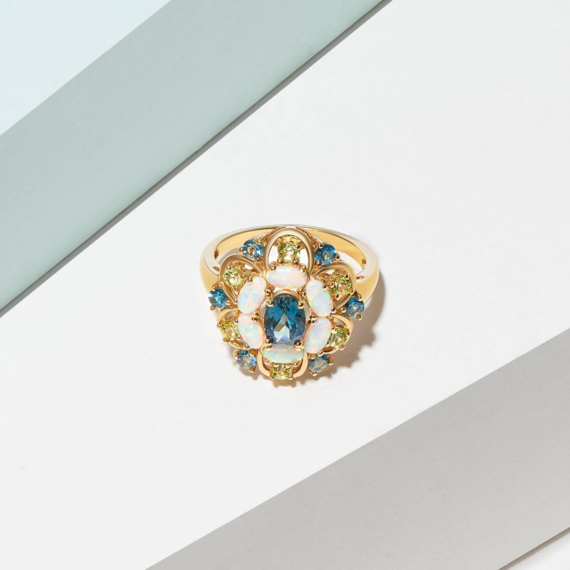 Lab Created Genuine London Blue Topaz, Created Opal and Genuine Peridot Ring in 18K Gold-plated Sterling Silver