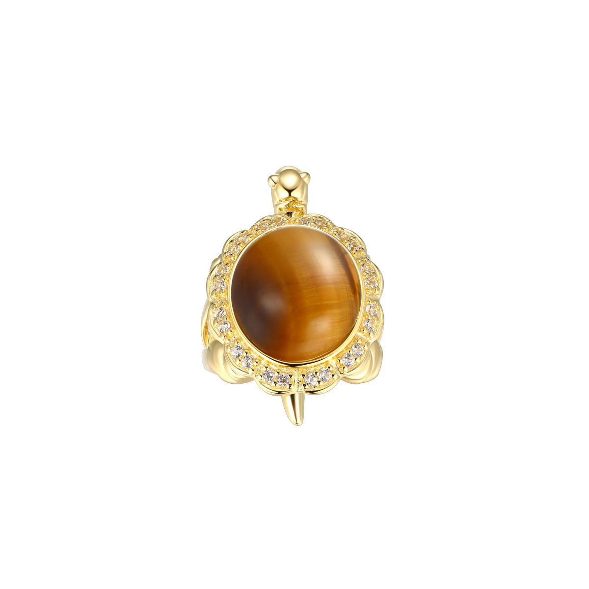 Genuine Tigers Eye & Created White Sapphire Turtle Ring in 18K Gold Plated Sterling Silver