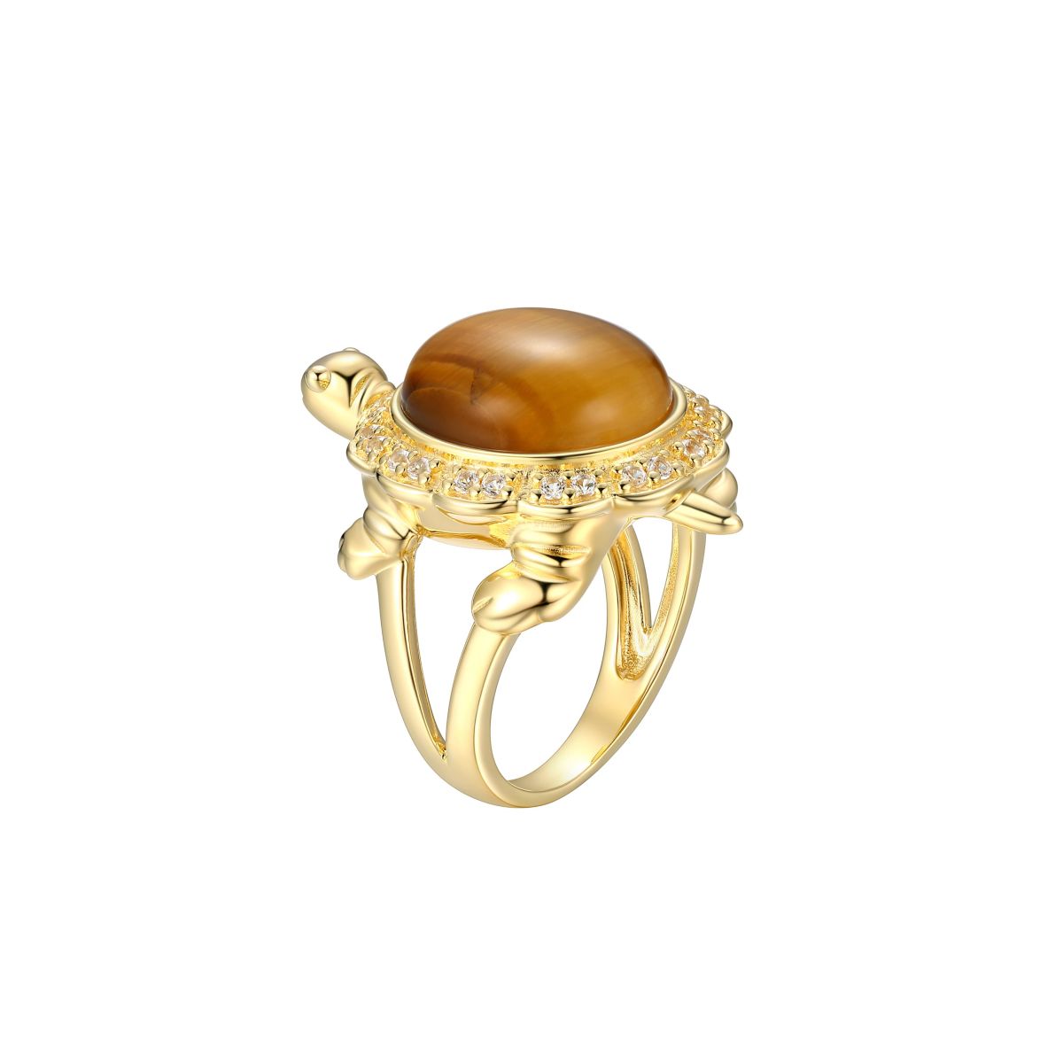 Genuine Tigers Eye & Created White Sapphire Turtle Ring in 18K Gold Plated Sterling Silver