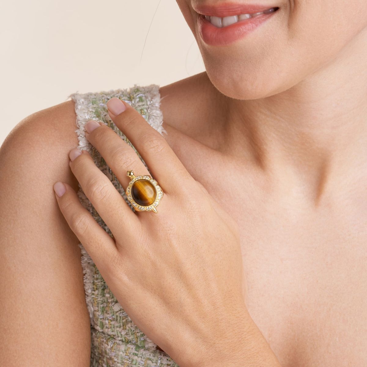 Genuine Tigers Eye & Created White Sapphire Turtle Ring in 18K Gold Plated Sterling Silver