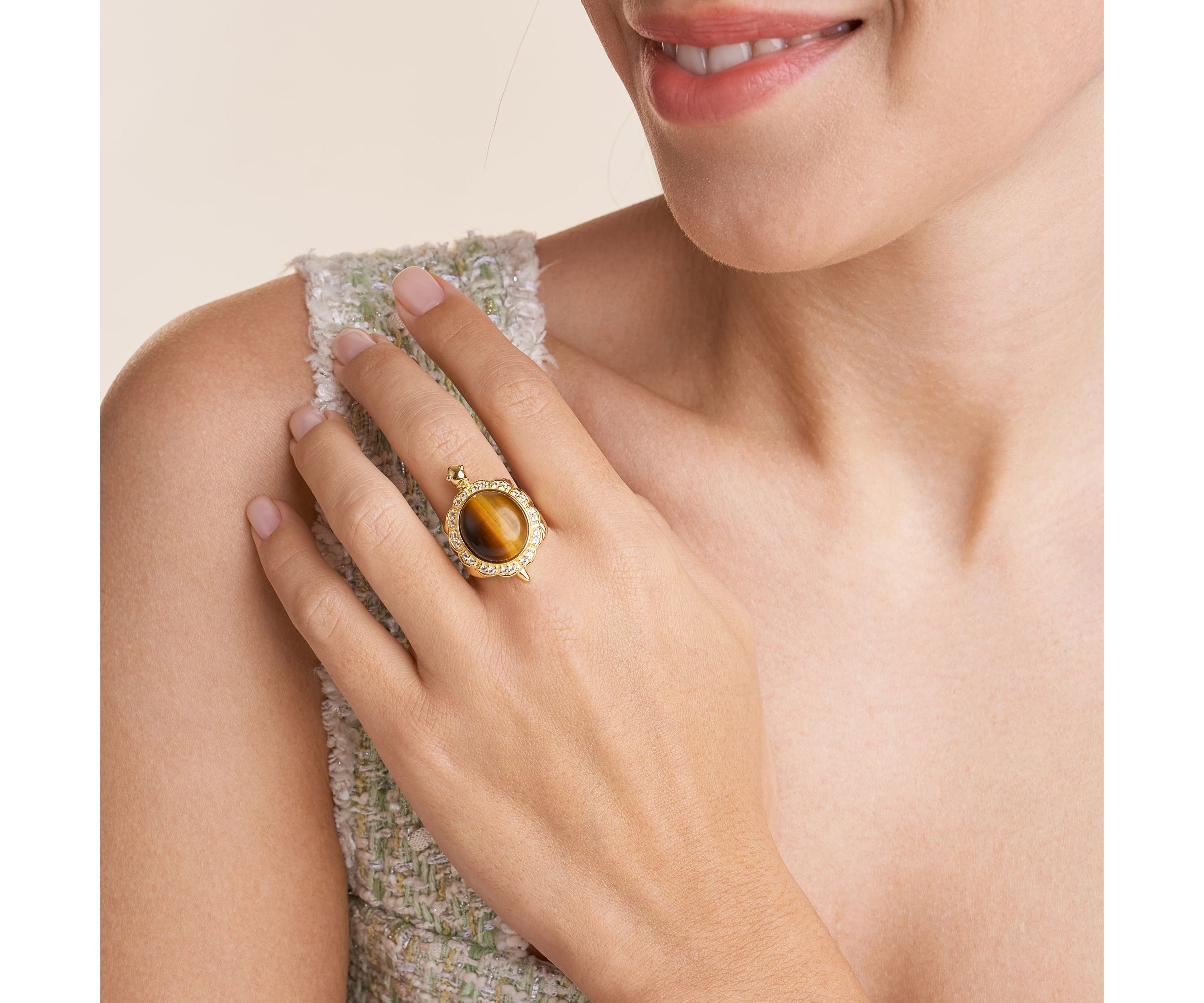 Genuine Tigers Eye & Created White Sapphire Turtle Ring in 18K Gold Plated Sterling Silver
