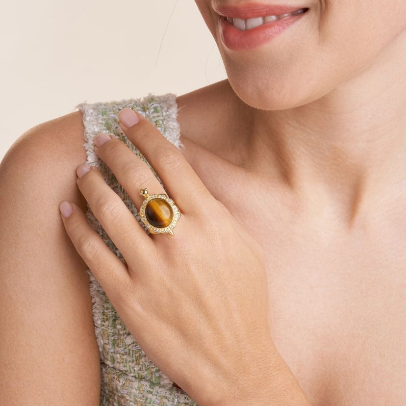 Genuine Tigers Eye & Created White Sapphire Turtle Ring in 18K Gold Plated Sterling Silver