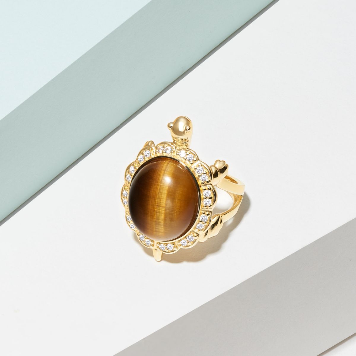 Genuine Tigers Eye & Created White Sapphire Turtle Ring in 18K Gold Plated Sterling Silver