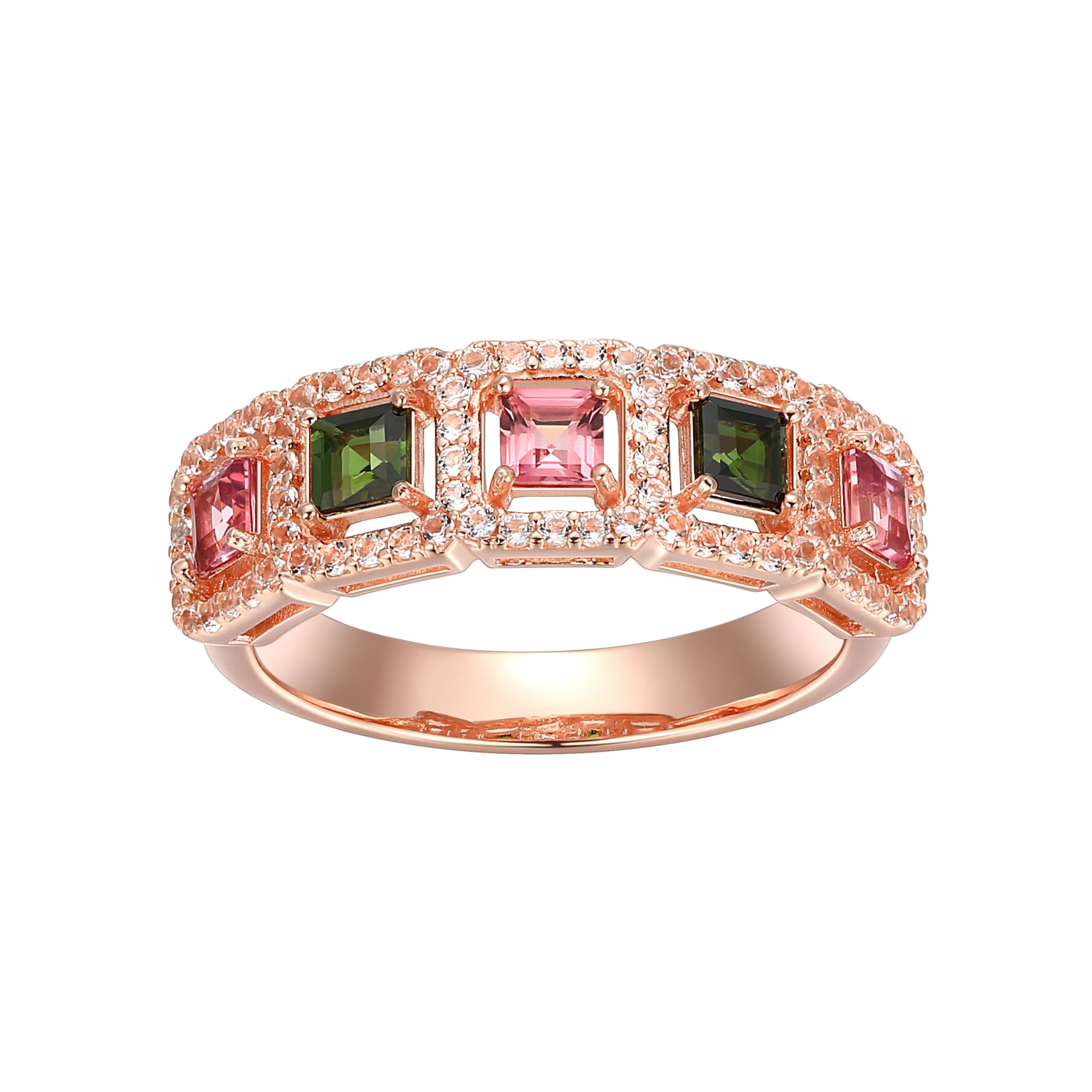 Pink & Green Tourmaline with White Topaz Accent Ring in 14K Rose Gold Plated Silver