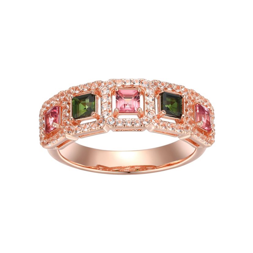 Pink & Green Tourmaline with White Topaz Accent Ring in 14K Rose Gold Plated Silver